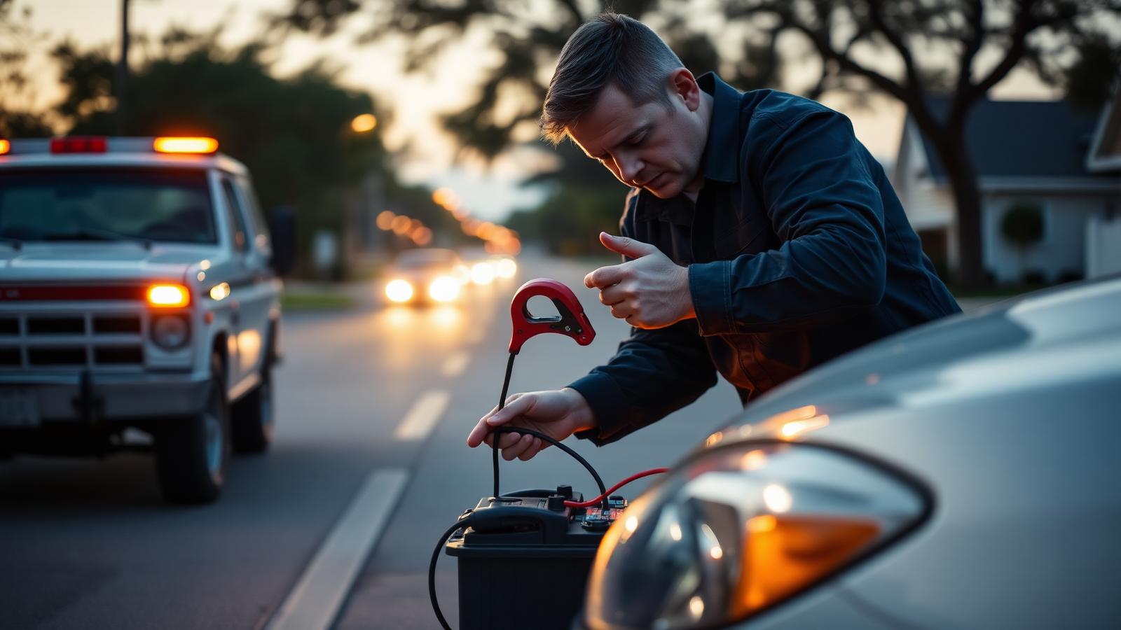 Salazar Roadside Assistance: a technician jump starting a car battery at dusk in Azle, Texas