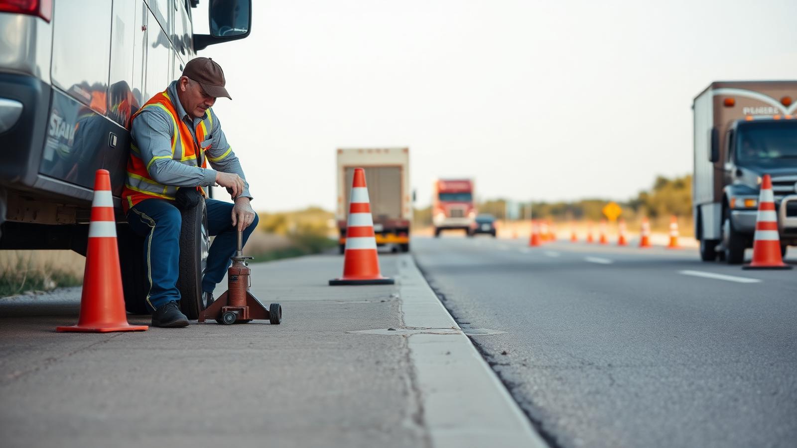 Salazar Roadside Assistance: a technician changing a flat tire on a highway shoulder in the Dallas-Fort Worth metroplex