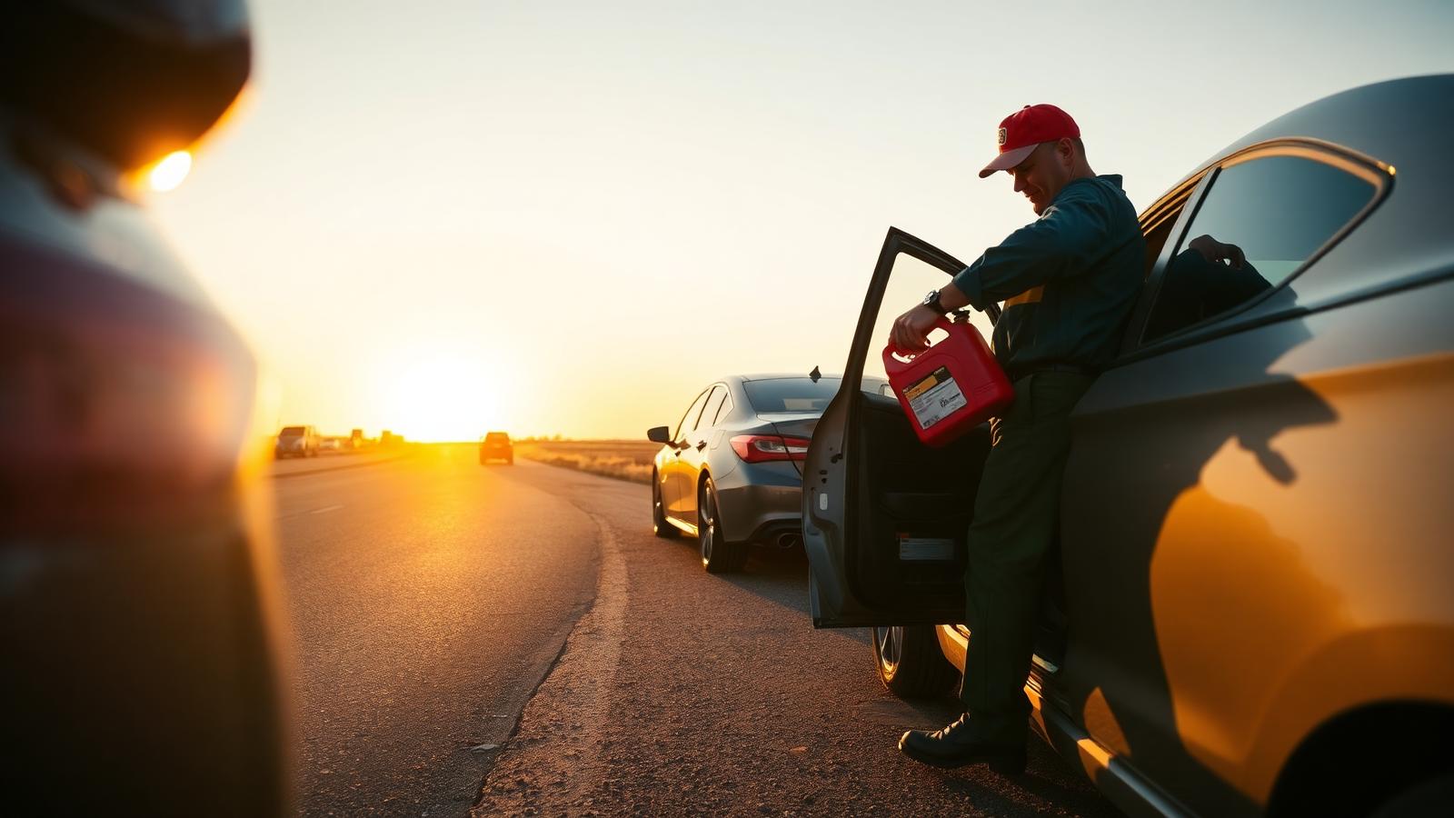 Salazar Roadside Assistance: a technician delivering fuel to a stranded car on the shoulder in Addison, Texas