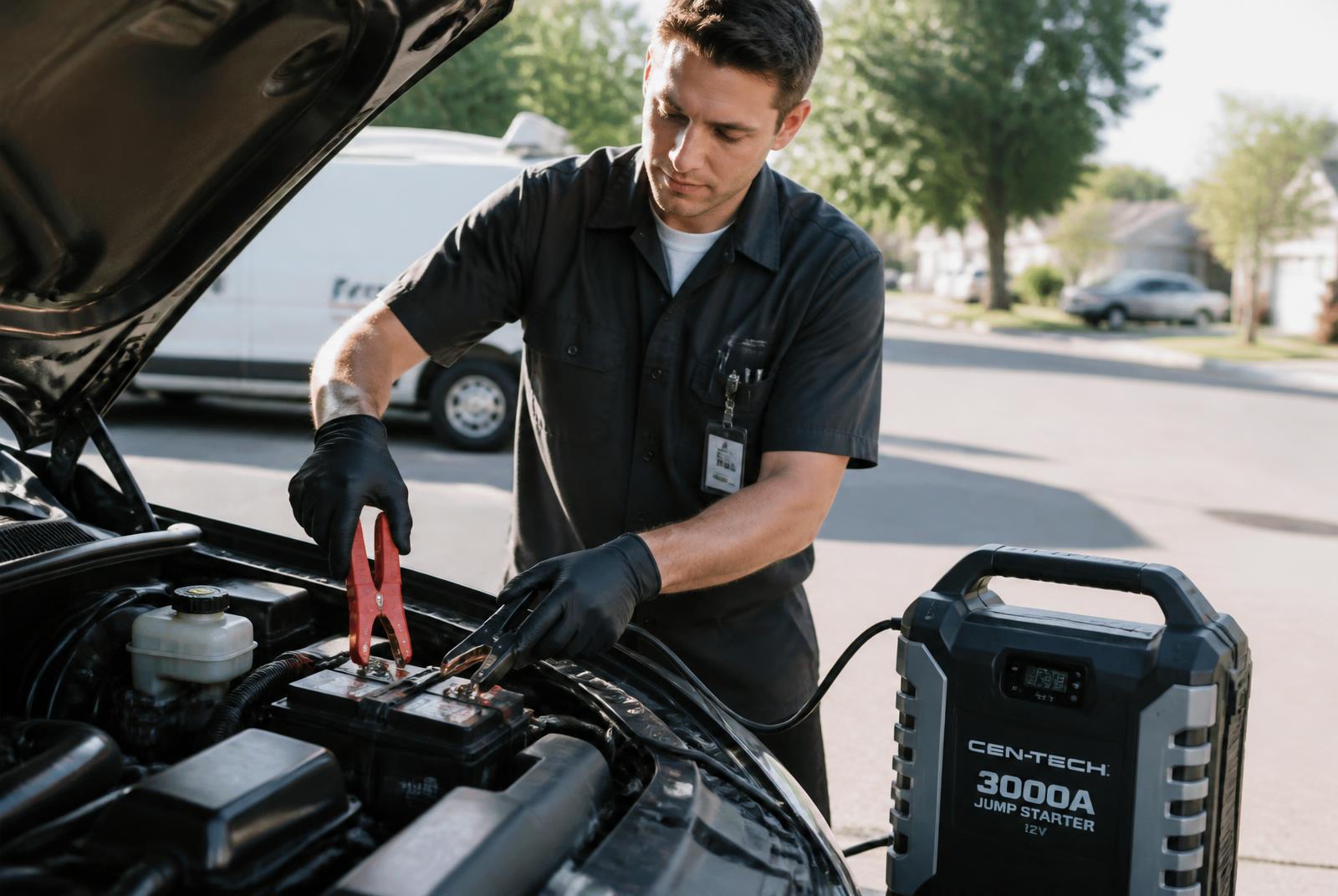 Salazar Roadside Assistance: a technician jump starting a dead car battery with a commercial jump pack under the hood in the Dallas-Fort Worth metroplex