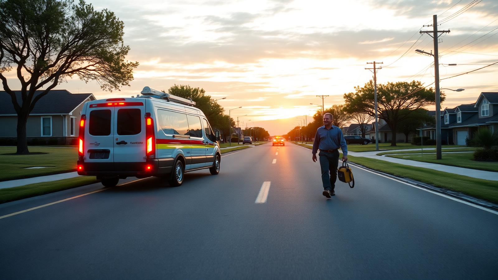 Salazar Roadside Assistance: a mobile service van arriving on a suburban street at sunrise in Everman, Texas