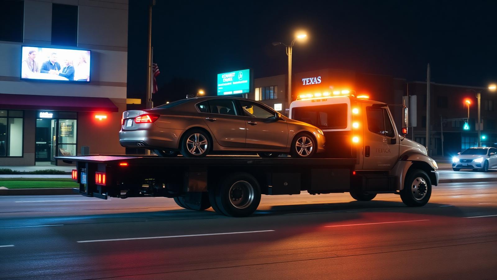 Salazar Roadside Assistance: a flatbed tow truck loading a disabled sedan at night in Murphy, Texas